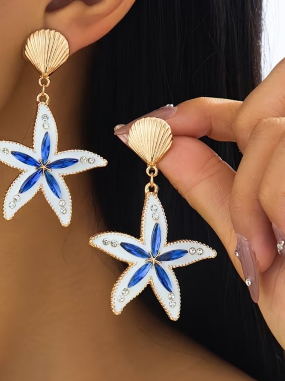 Gold and Blue Starfish Drop Earrings - Women Jewelry